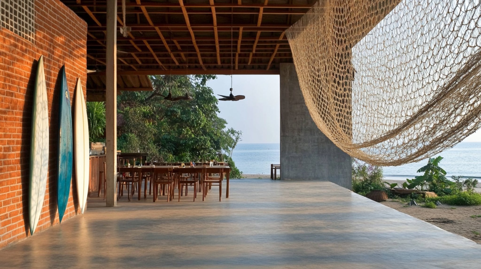 The Surf Kitchen — open-air dining beneath the fishing-net canopy